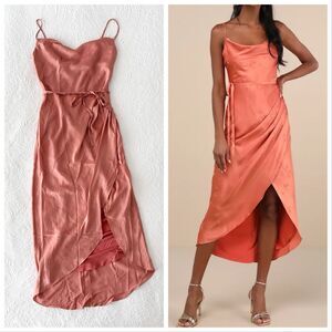 Lulu's Coral Jacquard Tulip Hem Cowl Neck Satin Dress